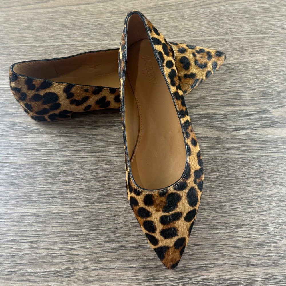 J. Crew Factory Women's Marina Leopard Calf Hair Pointy-Toe Flat Size 7.5 Preppy